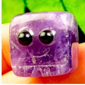 NWT Purple Natural Amethyst Square Block Black Stone Eyes & Etched Smiley Face